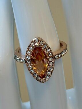 NEW 18K Rose Gold Champagne Gemstone Ring Crystal Halo Marquise Cut Elegant